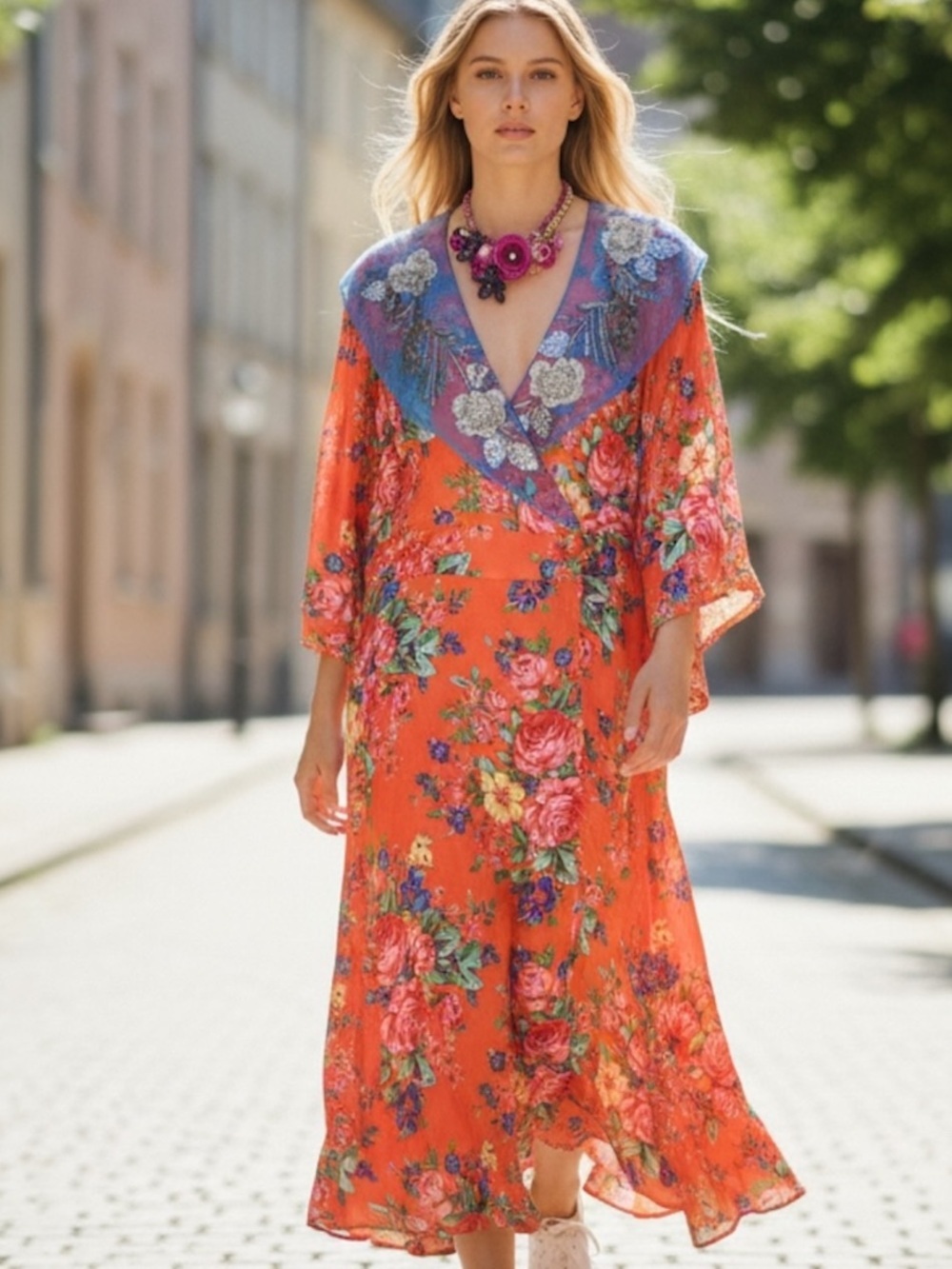 Aratta Large Orange Floral Wrap Midi Dress with Embellished Removable Yoke D-5